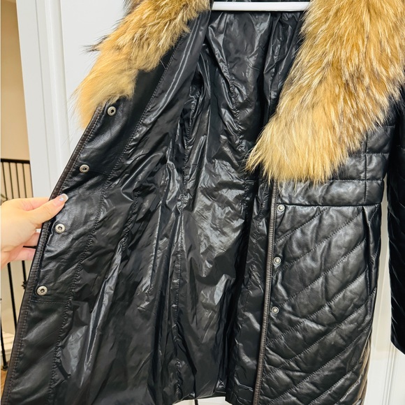 Genuine Lamb Leather with Real Fur Hood Down Jacket, Size L - Picture 6 of 14